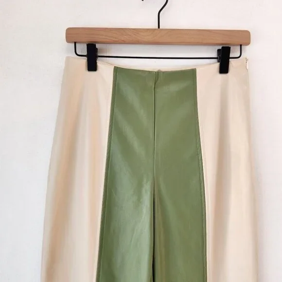 NWT Cider Faux Leather Slit Trousers Pants Green Beige Y2K 90s Women's M - Picture 4 of 9